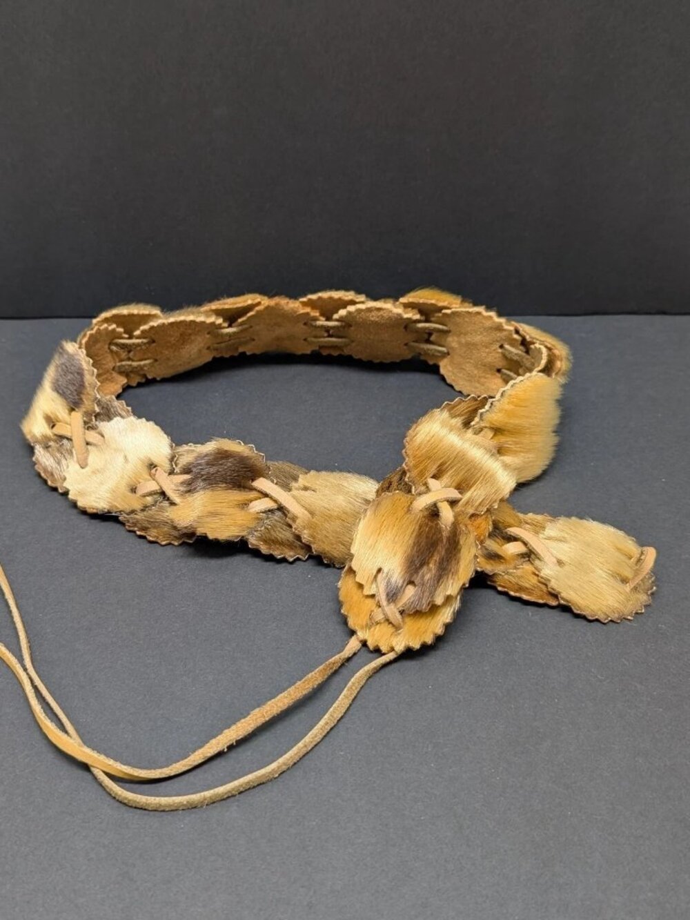 Vintage Fur & Leather Belt Women Small Brown Medallions Black Lace Tie Pelt